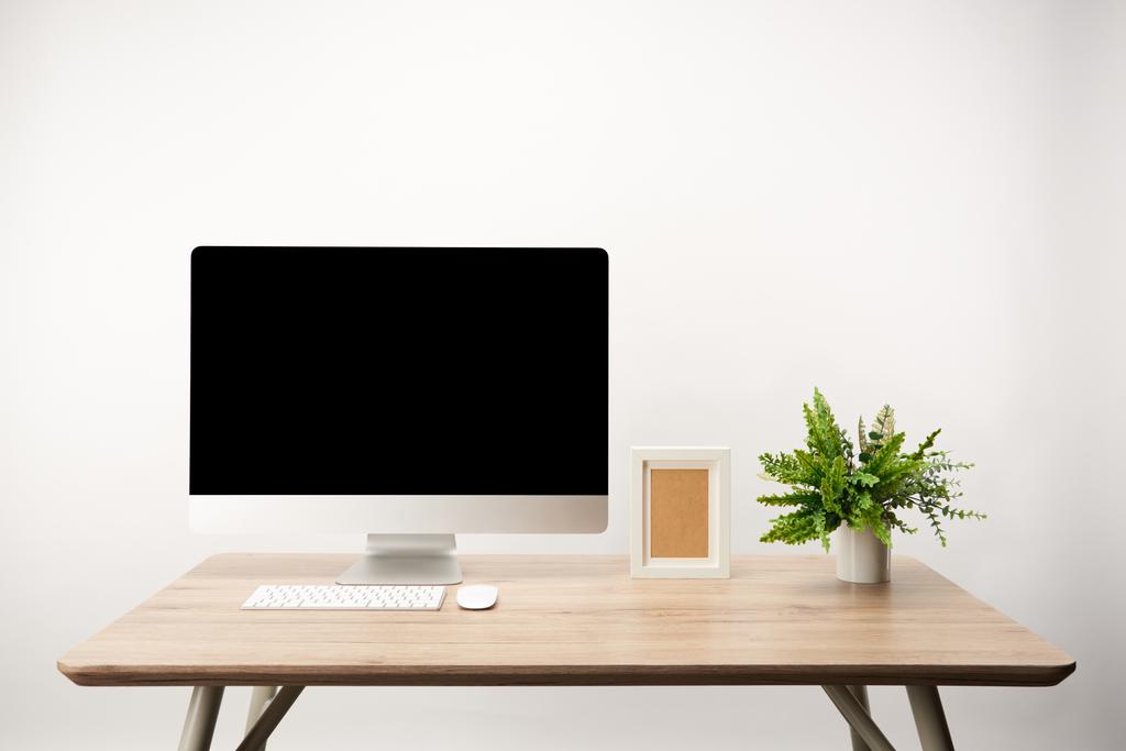 lugar de trabajo con planta verde, marco de fotos y computadora de escritorio con espacio de copia aislado en blanco
 - Foto, Imagen