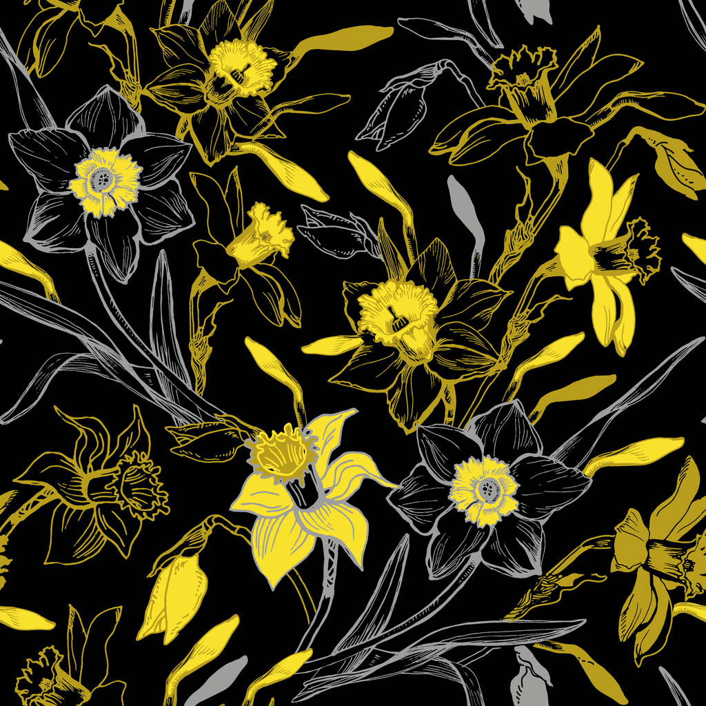 Heldere grafische naadloze patroon met hand getrokken bloemen Narcissus. - Vector, afbeelding