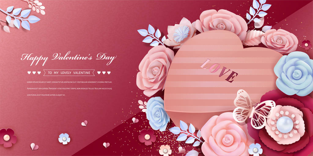Boldog Valentin-nap banner design szív alakú ajándék doboz, papír virágok díszek, a 3D-s illusztráció - Vektor, kép