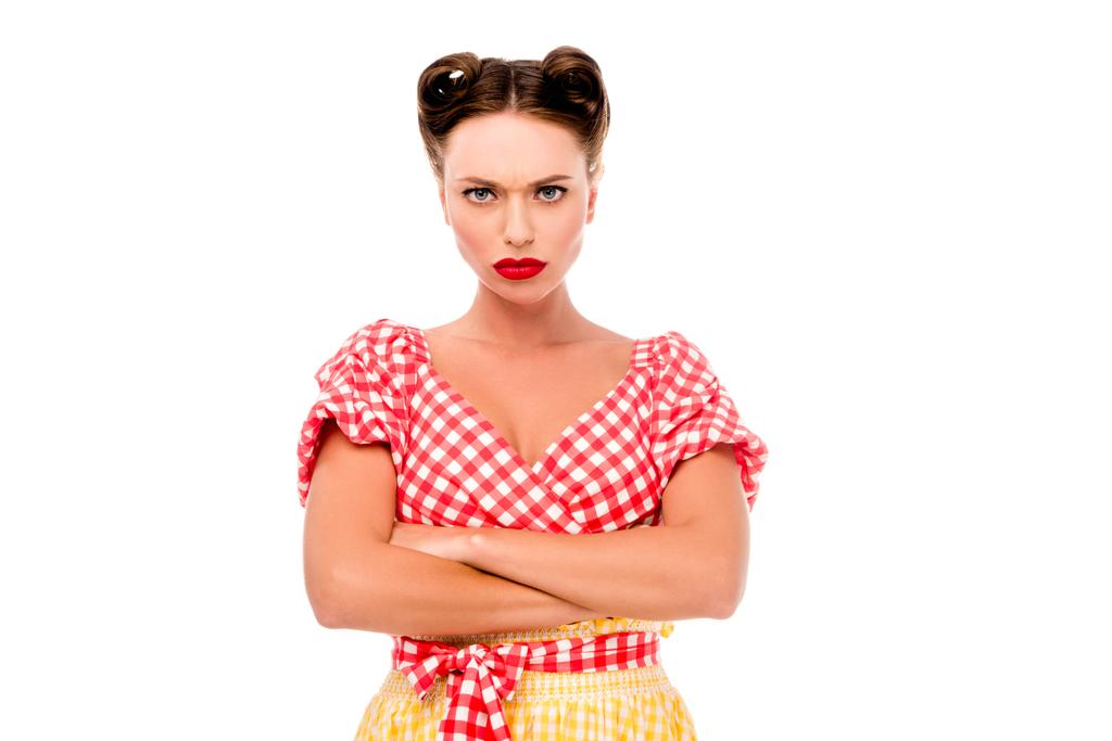 Angry pin up girl with cross hands looking at camera isolated on white
 - Фото, изображение