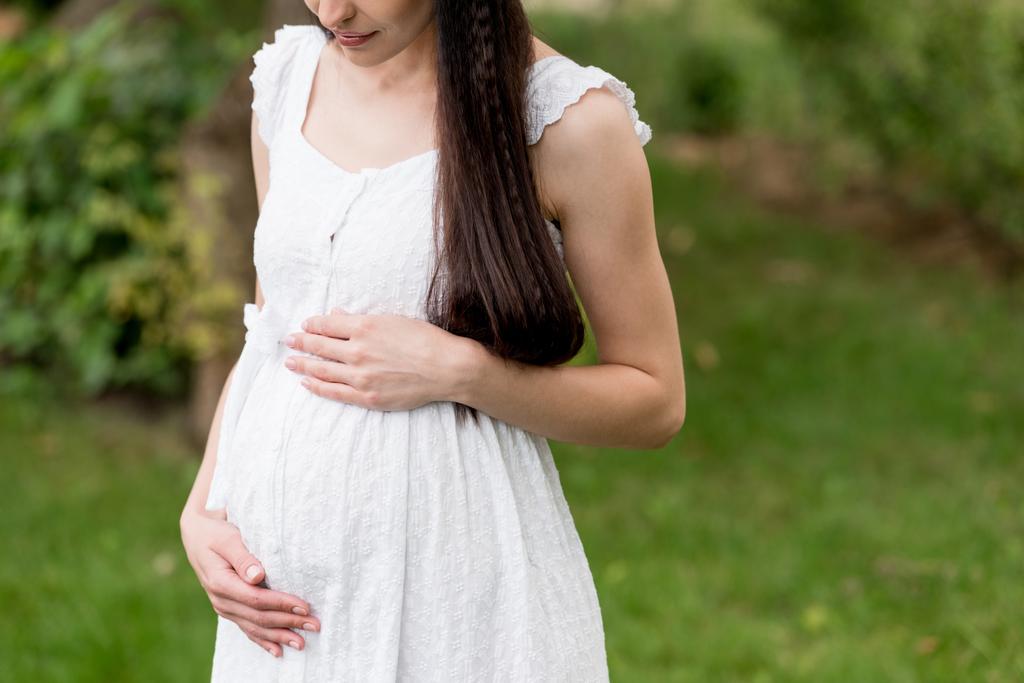 tiro recortado de la mujer embarazada en vestido blanco tocando el vientre mientras está de pie en el parque
 - Foto, imagen