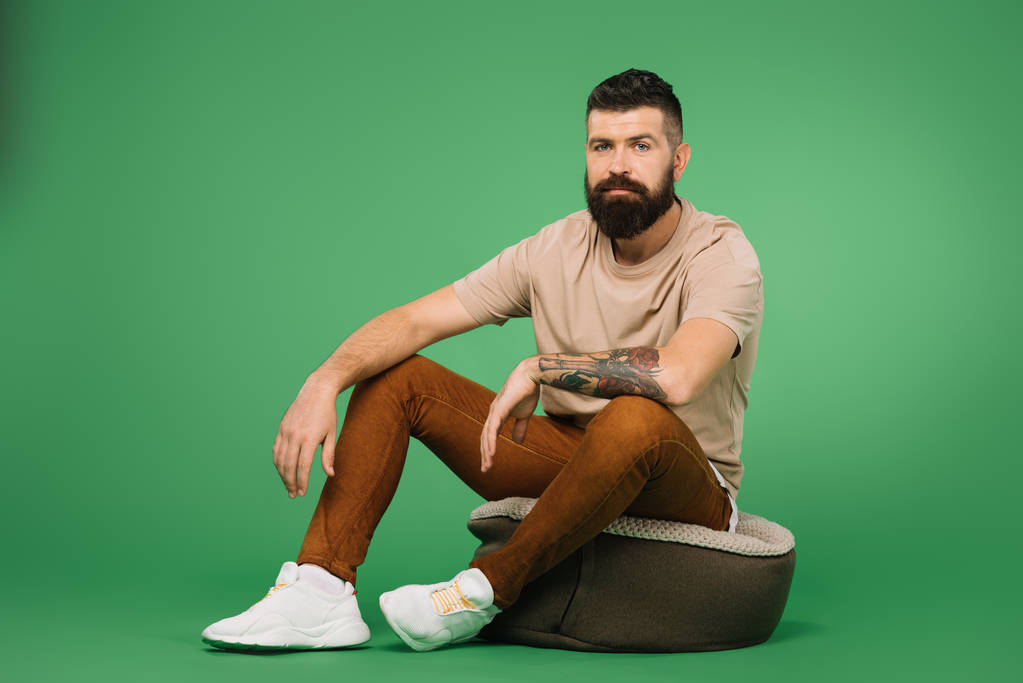 schöner tätowierter bärtiger Mann sitzt auf grünem Grund - Foto, Bild
