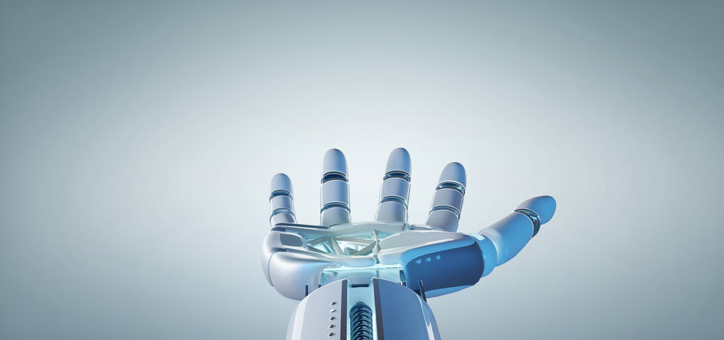 Вид руки робота-киборга на однородном фоне 3D-рендеринга
 - Фото, изображение