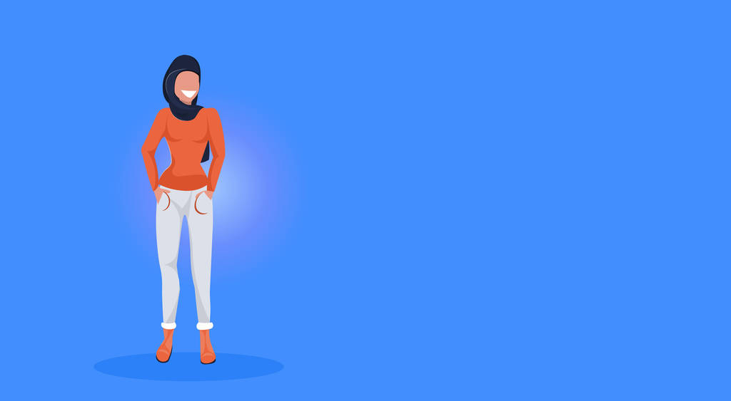 Арабская женщина стоящая поза счастливая арабская девушка в черной одежде хиджаба мусульманский персонаж мультфильма полная длина голубой фон горизонтальный
 - Вектор,изображение