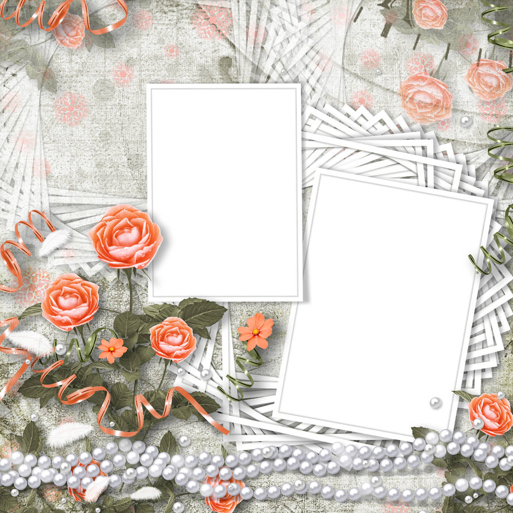 Праздничная открытка с жемчугом и букет красивых красных роз на зеленом бумажном фоне, для поздравления или приглашения
 - Фото, изображение
