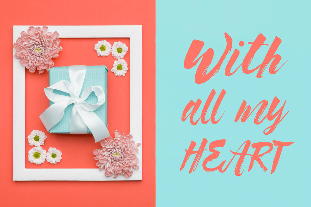 Happy Mother's Day, Women's Day, Valentine's Day or Birthday Living Coral Background. Floral flat lay minimal concept with beautifully wrapped present. - Photo, Image