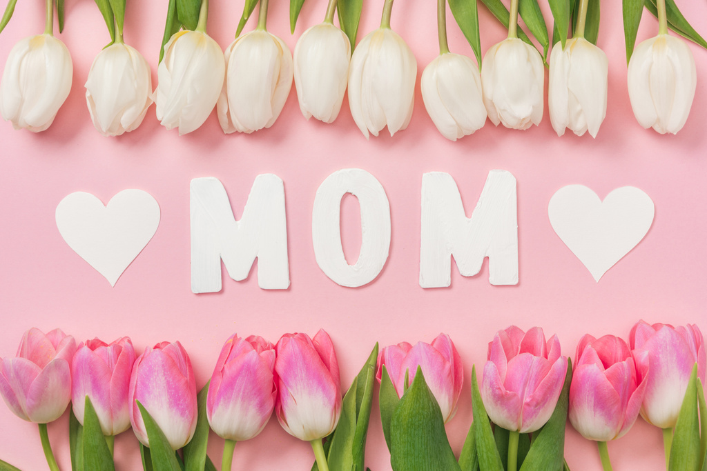 weiße und rosa Tulpen, Papierwort Mama und Papierherzen auf rosa Hintergrund - Foto, Bild