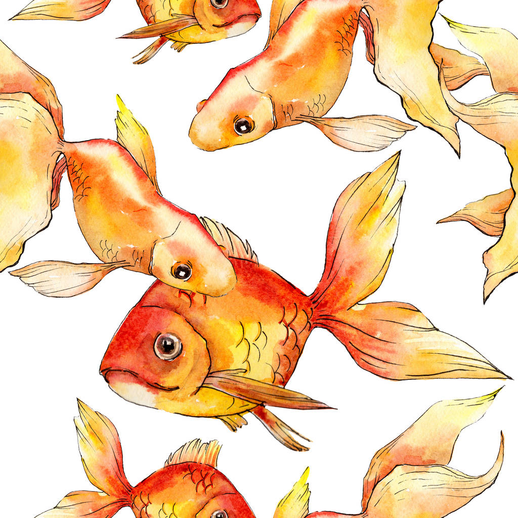 Aquarel aquatische kleurrijke goldfishes geïsoleerd op witte afbeelding instellen. Naadloze achtergrondpatroon. Structuur behang print textuur. - Foto, afbeelding