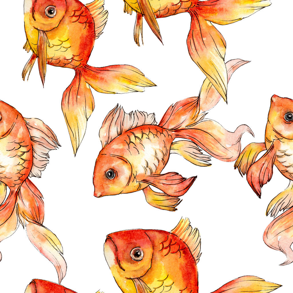 Watercolor aquatic colorful goldfishes isolated on white illustration set. Seamless background pattern. Fabric wallpaper print texture. - Photo, Image