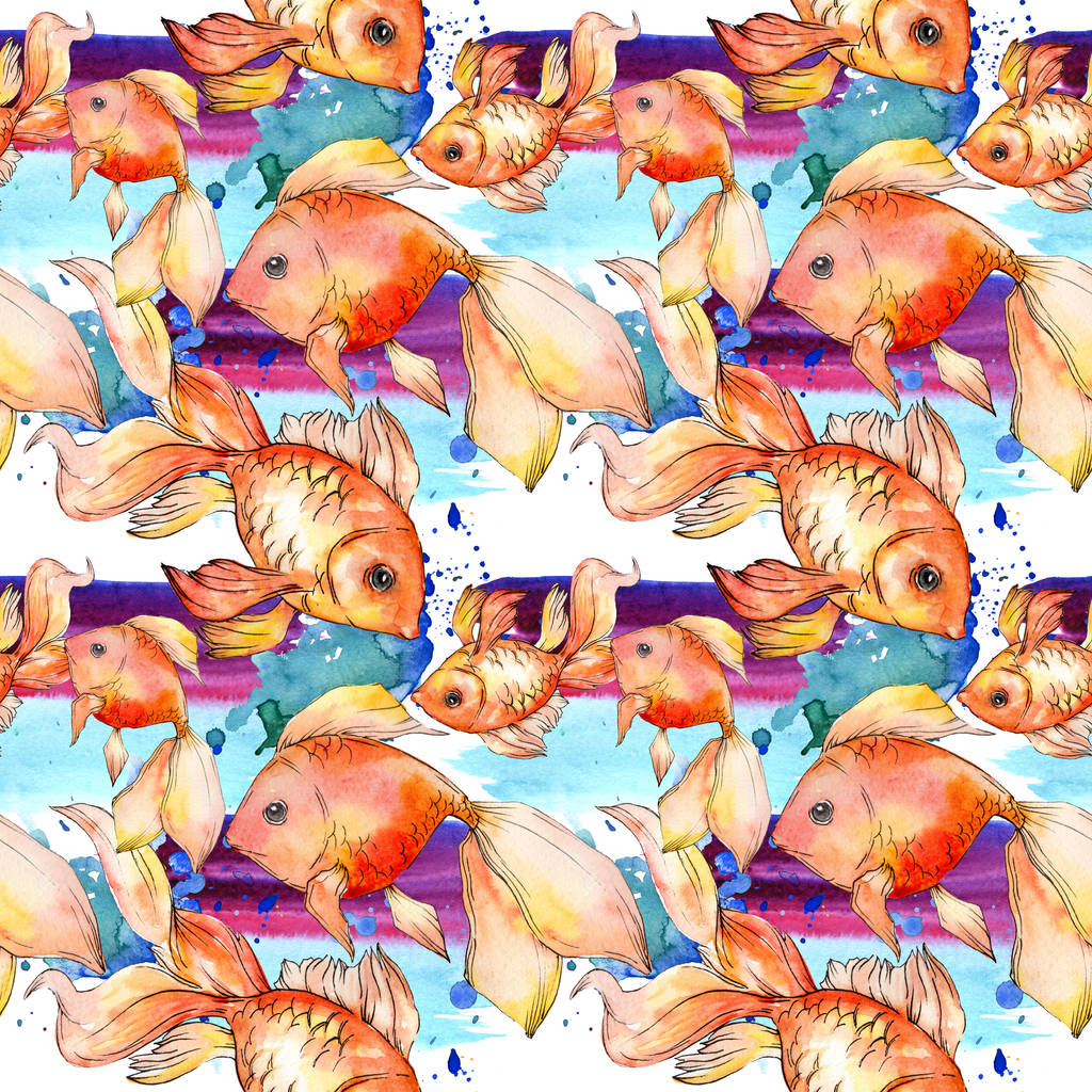Акварельные красочные золотые рыбки с красочной абстрактной иллюстрацией. Бесшовный рисунок фона. Текстура ткани для печати обоев
. - Фото, изображение