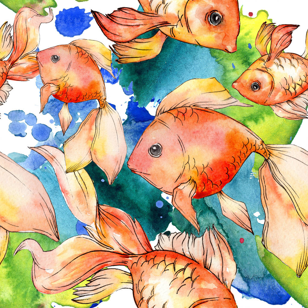 Acuarela acuática coloridos peces de colores con ilustración abstracta de colores. Patrón de fondo sin costuras. Textura de impresión de papel pintado de tela
. - Foto, imagen