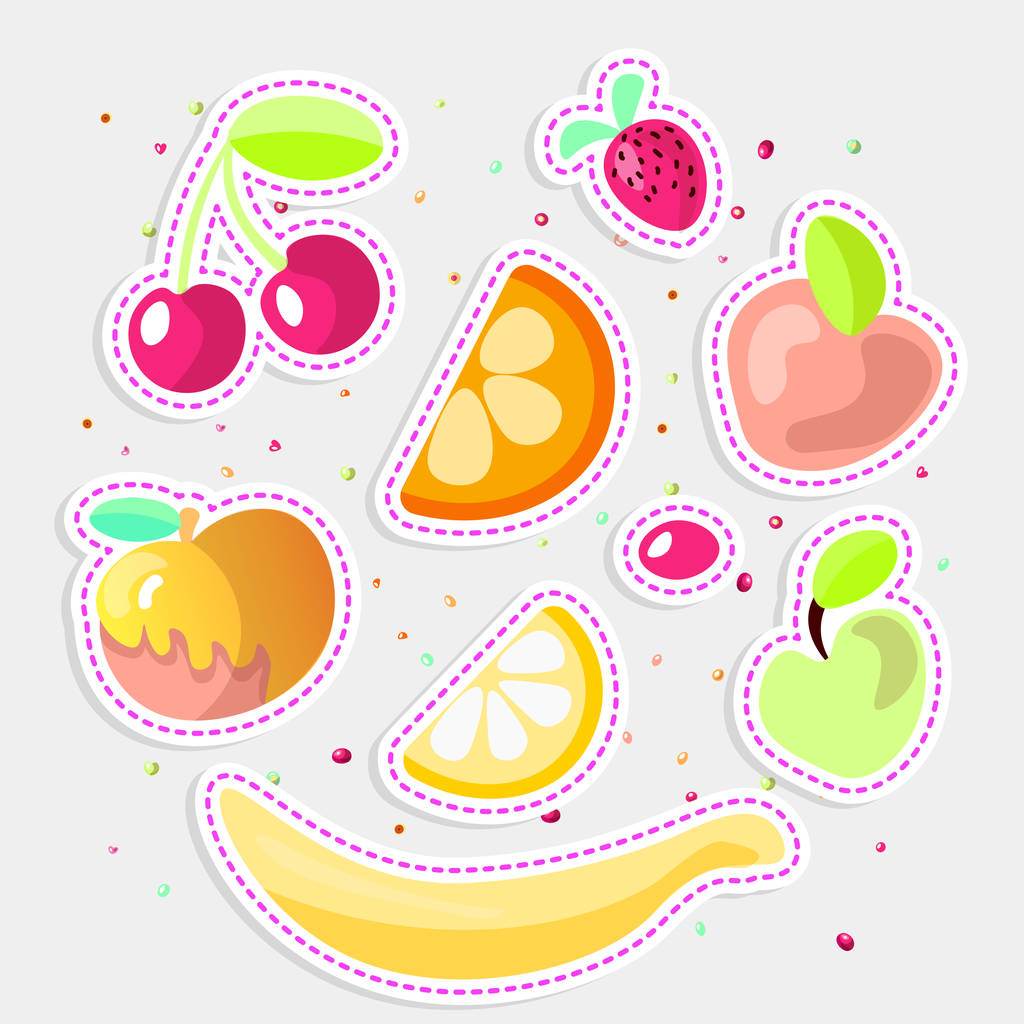 かわいい漫画フルーツ コレクション。甘い果物アイコン、白い背景で隔離の夏のフルーツ デザート。チェリー、オレンジ、レモン、アップル、1 つの漫画でイチゴを設定します。夏の甘いフルーツのイラスト - ベクター画像