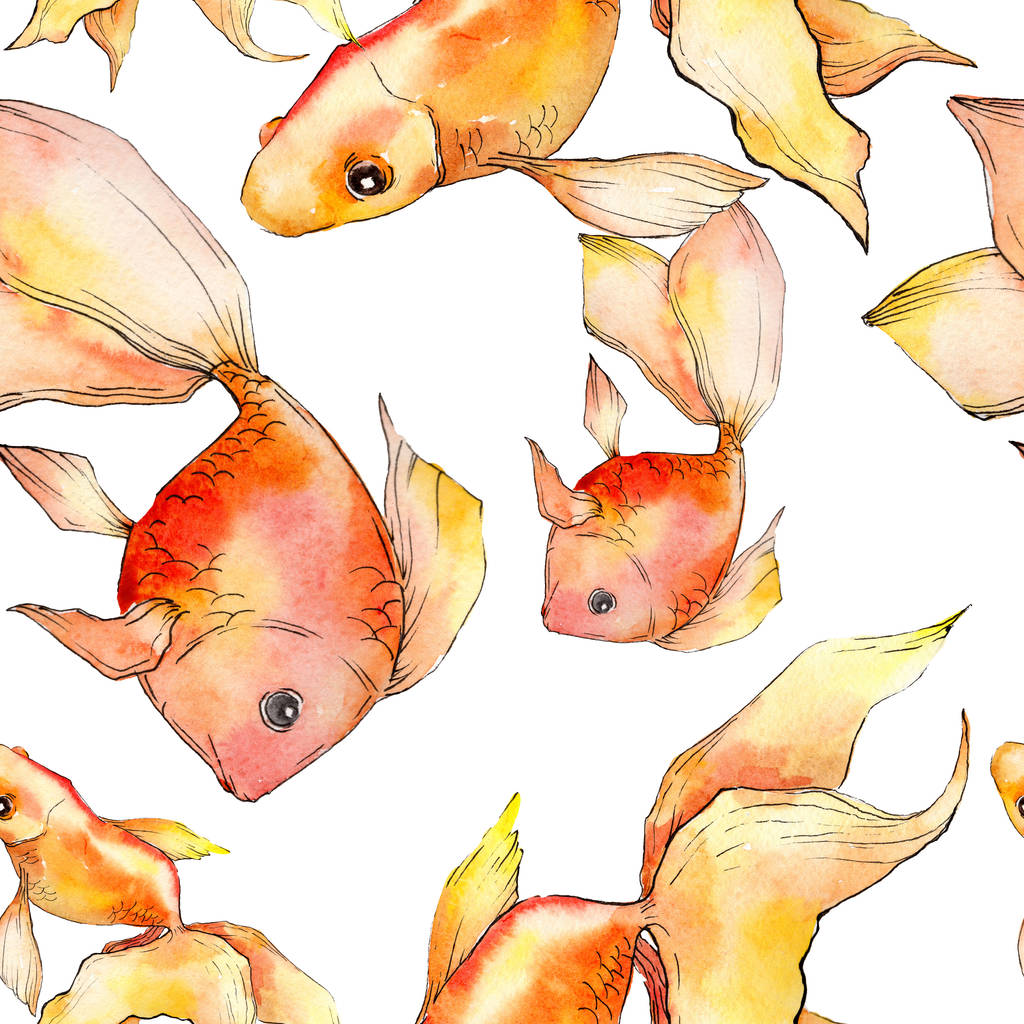 Sada akvarel vodní barevné goldfishes izolované na bílém ilustrace. Vzor bezešvé pozadí. Fabric tapety tisku textura. - Fotografie, Obrázek