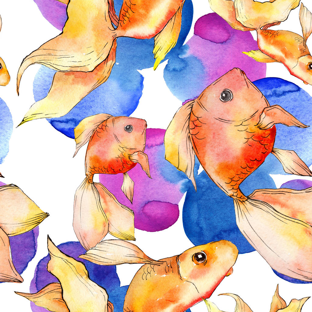 Akvarelu vodní barevné goldfishes s abstraktní barevné ilustrace. Vzor bezešvé pozadí. Fabric tapety tisku textura. - Fotografie, Obrázek
