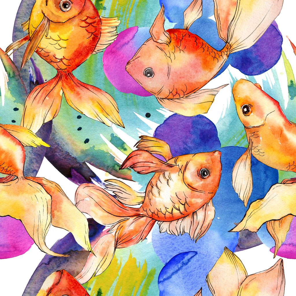 Акварельные красочные золотые рыбки с красочной абстрактной иллюстрацией. Бесшовный рисунок фона. Текстура ткани для печати обоев
. - Фото, изображение