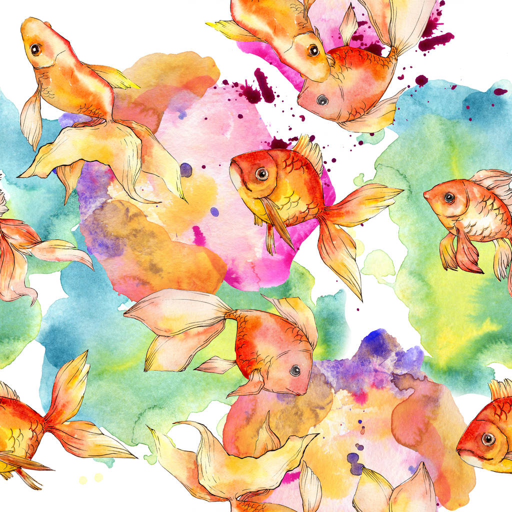 Watercolor aquatic colorful goldfishes with colorful abstract illustration. Seamless background pattern. Fabric wallpaper print texture. - Photo, Image