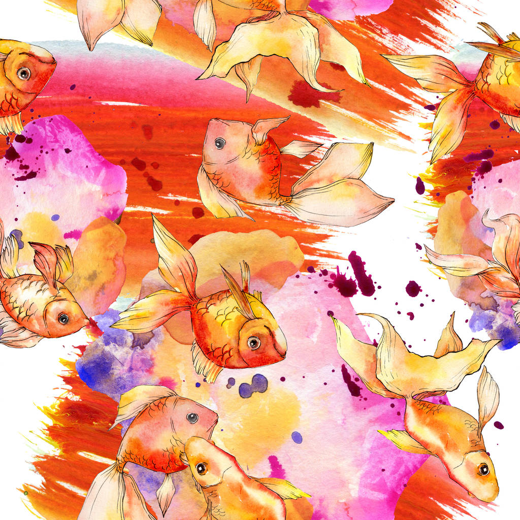 Acuarela acuática coloridos peces de colores con ilustración abstracta de colores. Patrón de fondo sin costuras. Textura de impresión de papel pintado de tela
. - Foto, imagen