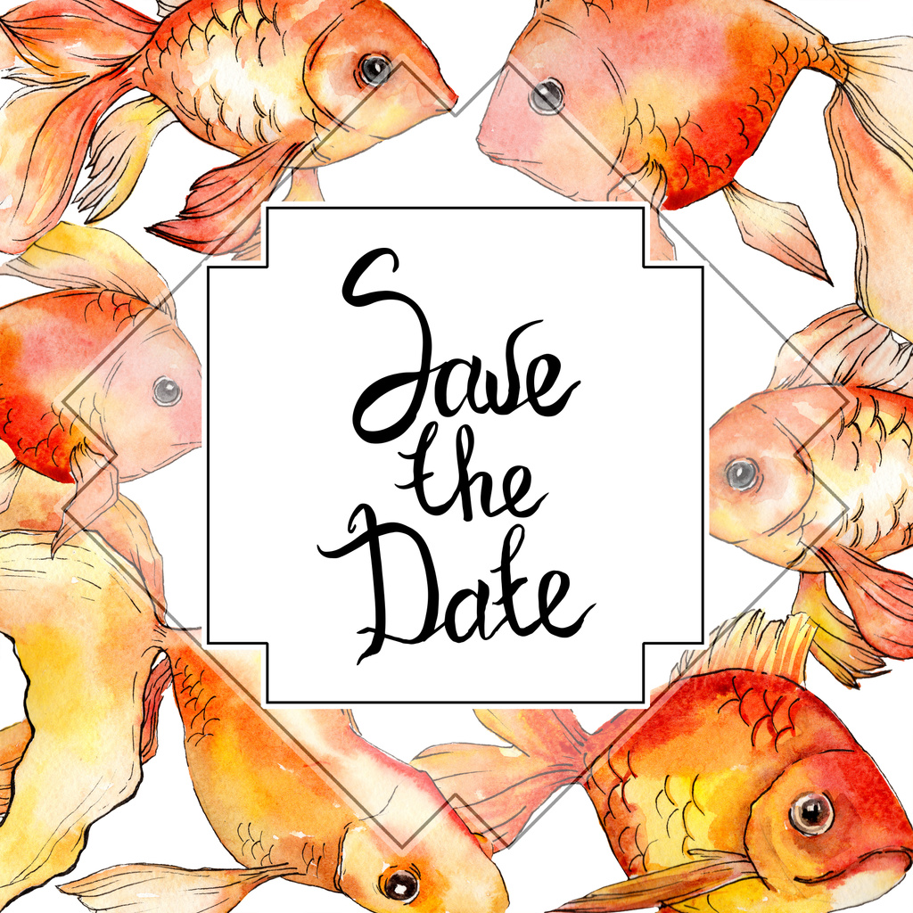 Aquarell aquatische bunte Goldfische Illustration isoliert auf weiß. Rahmen Bordüre Ornament mit Datum speichern Schriftzug. - Foto, Bild