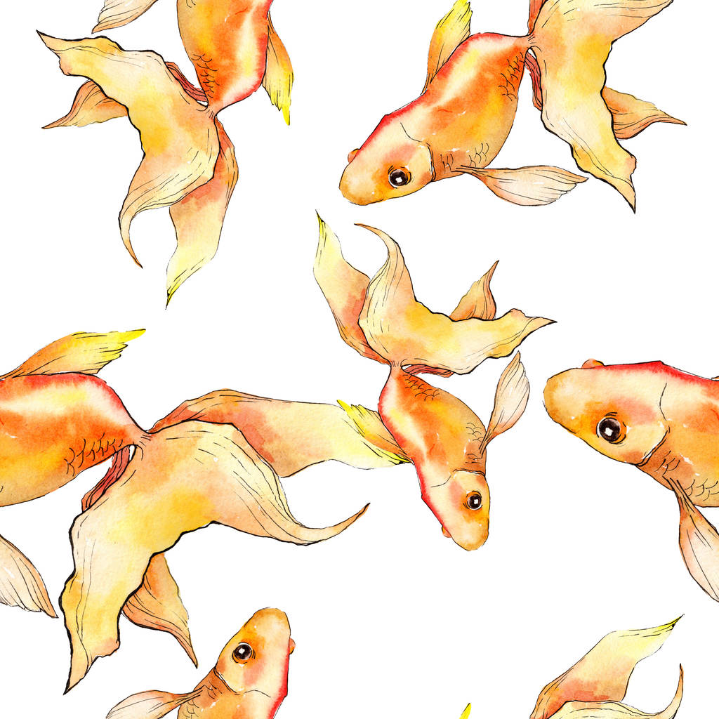 Acuarela acuática coloridos peces de colores aislados en el conjunto de ilustración blanca. Patrón de fondo sin costuras. Textura de impresión de papel pintado de tela
. - Foto, imagen