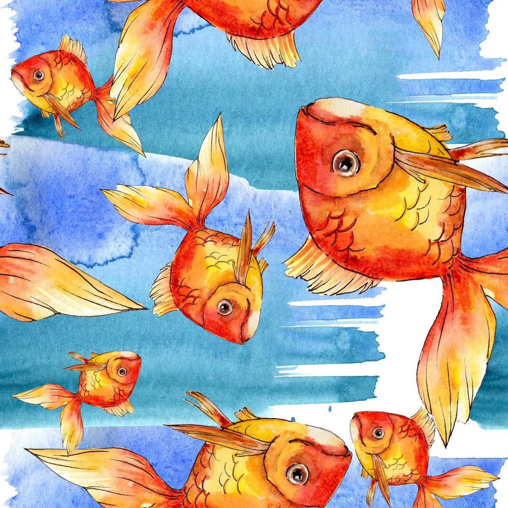 Aquarell aquatische bunte Goldfische mit farbenfrohen abstrakten Illustrationen. nahtlose Hintergrundmuster. Stoff Tapete drucken Textur. - Foto, Bild