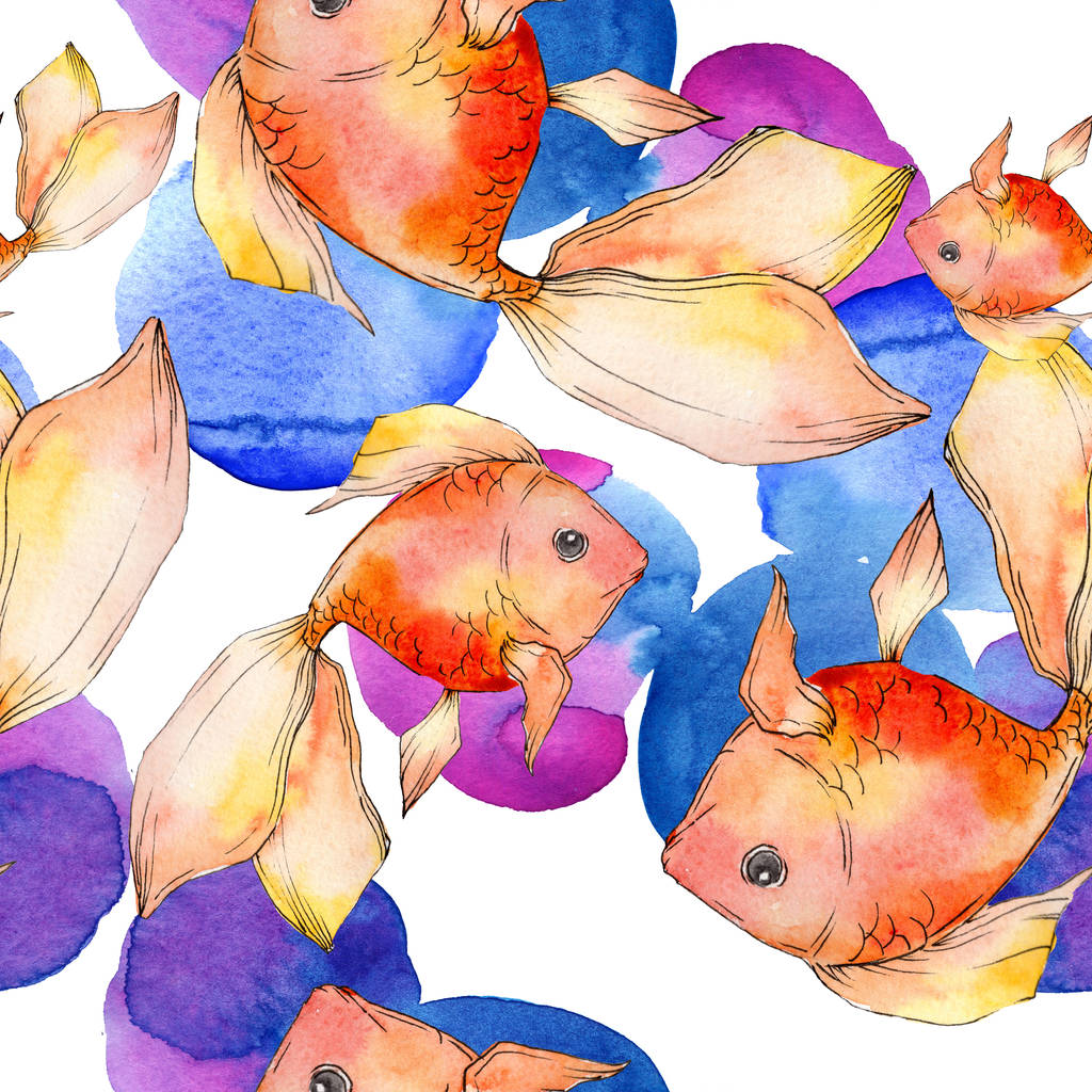 Aquarela aquática coloridos peixinhos dourados com ilustração abstrata colorido. Padrão de fundo sem costura. Tecido papel de parede impressão textura
. - Foto, Imagem