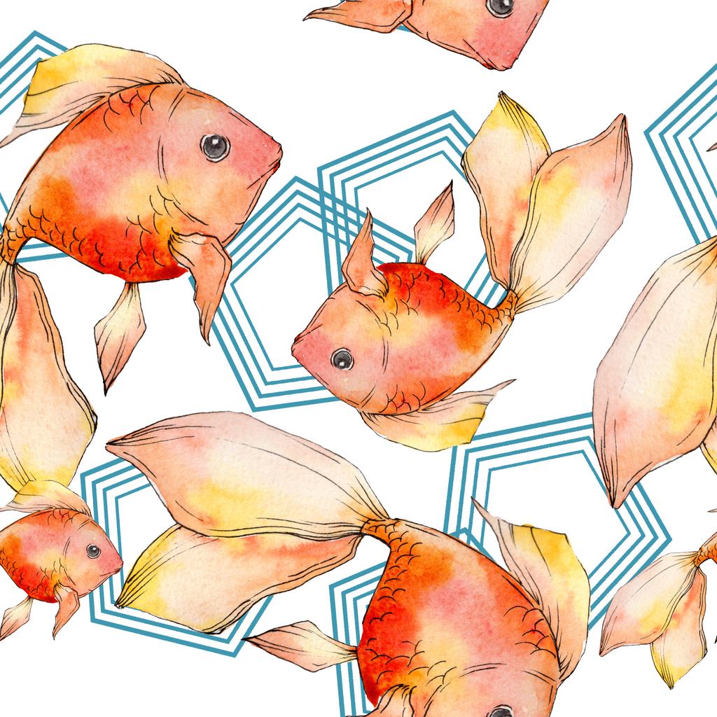 Aquarel aquatische kleurrijke goldfishes geïsoleerd op witte afbeelding instellen. Naadloze achtergrondpatroon. Structuur behang print textuur. - Foto, afbeelding