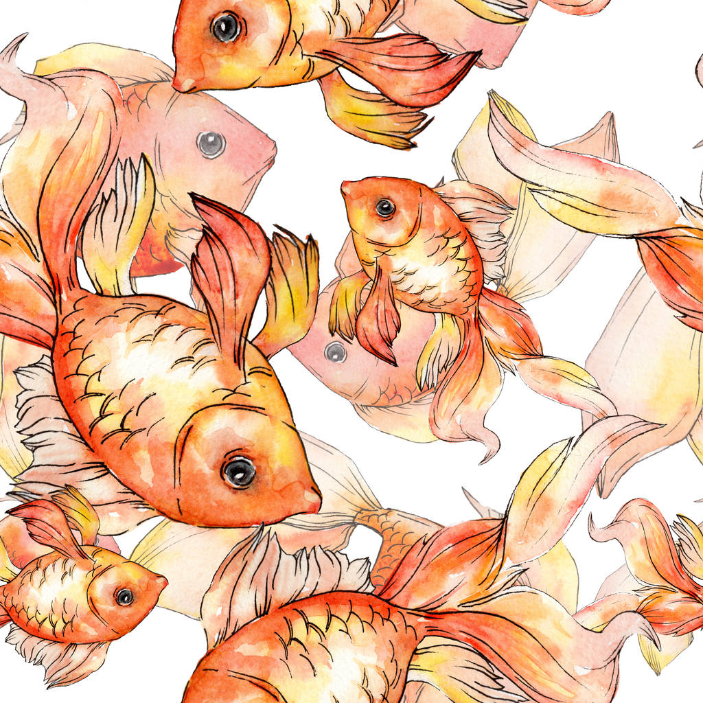 Aquarell aquatische bunte Goldfische isoliert auf weißem Illustrationsset. nahtlose Hintergrundmuster. Stoff Tapete drucken Textur. - Foto, Bild