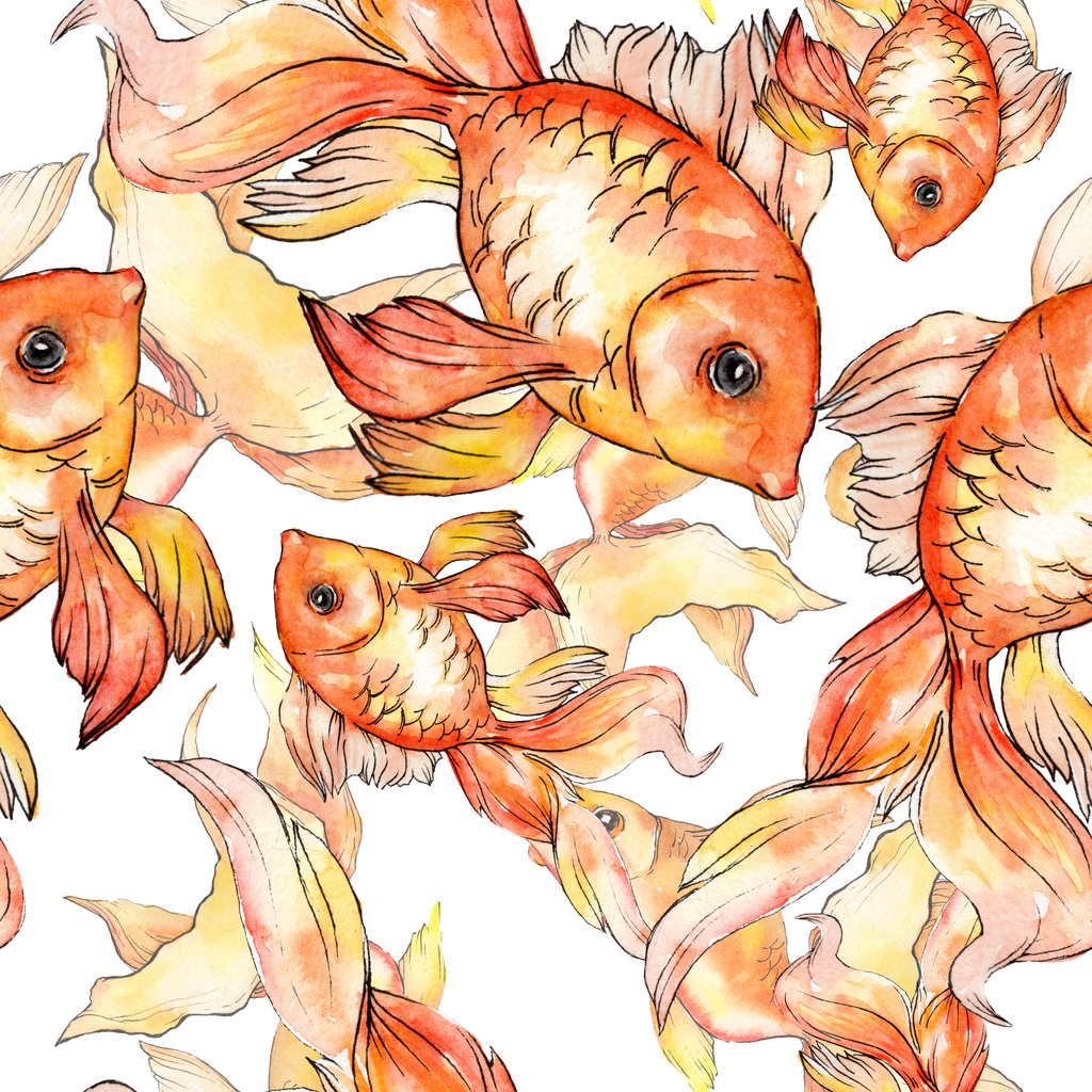 Aquarell aquatische bunte Goldfische isoliert auf weißem Illustrationsset. nahtlose Hintergrundmuster. Stoff Tapete drucken Textur. - Foto, Bild