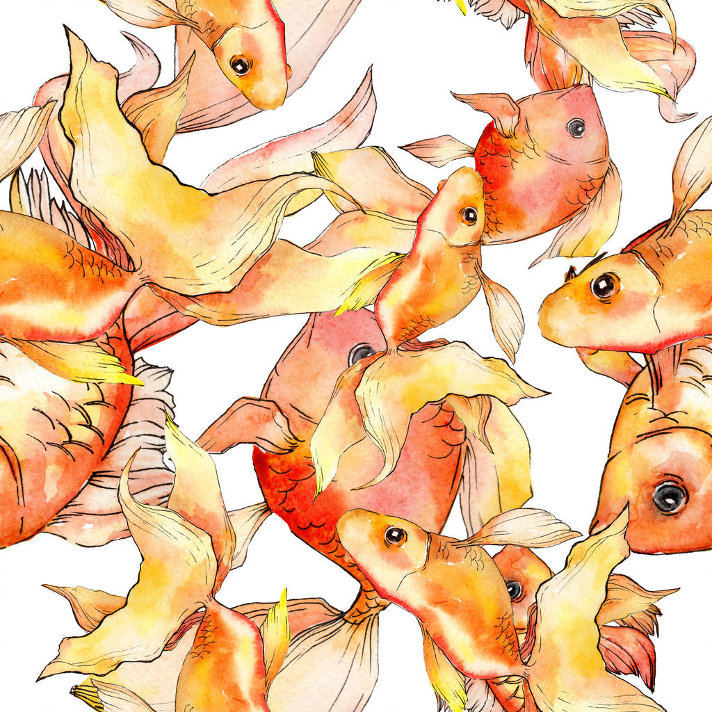 Акварельные красочные золотые рыбки, выделенные на белом наборе иллюстраций. Бесшовный рисунок фона. Текстура ткани для печати обоев
. - Фото, изображение