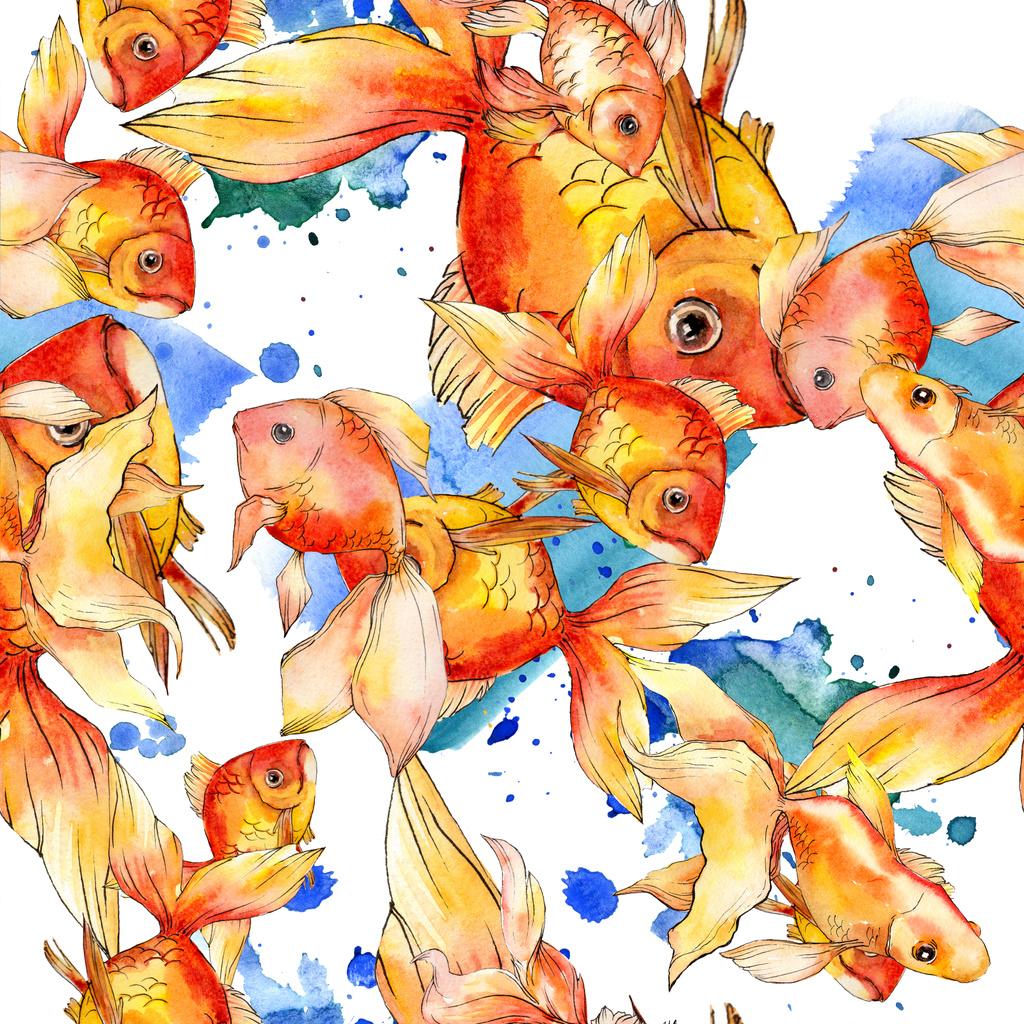 カラフルな抽象的なイラストに水彩水生カラフルな金魚。シームレスな背景パターン。壁紙印刷手触りの生地. - 写真・画像