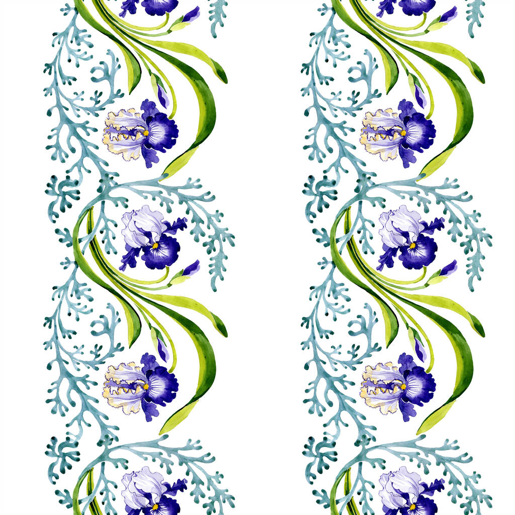 ブルー アイリスの花植物花。野生春葉が分離されました。水彩イラスト セット。水彩描画ファッション aquarelle。シームレスな背景パターン。壁紙印刷手触りの生地. - 写真・画像