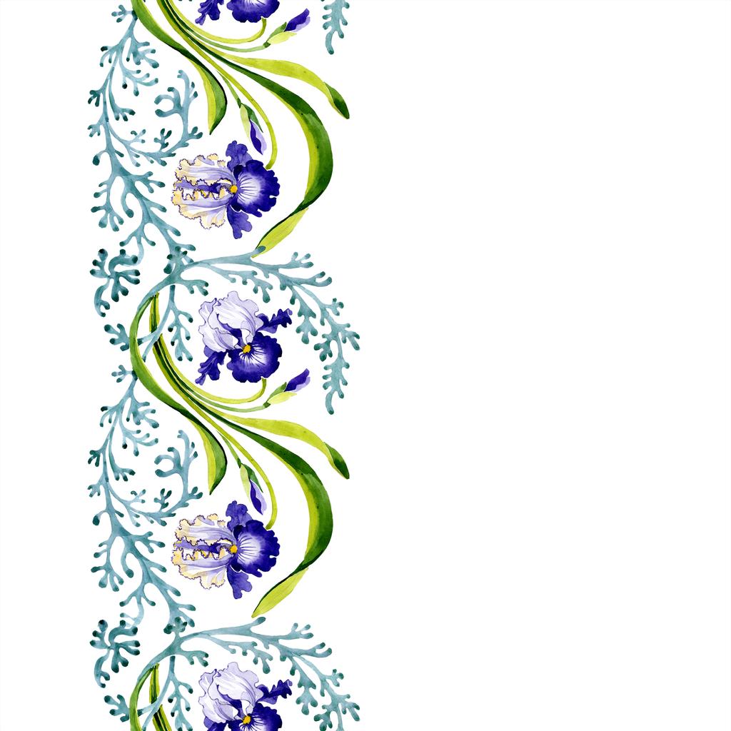 Modrý iris květinové botanické květin. Divoký jarní listové izolované. Sada akvarel ilustrace. Akvarel výkresu módní aquarelle. Vzor bezešvé pozadí. Fabric tapety tisku textura. - Fotografie, Obrázek