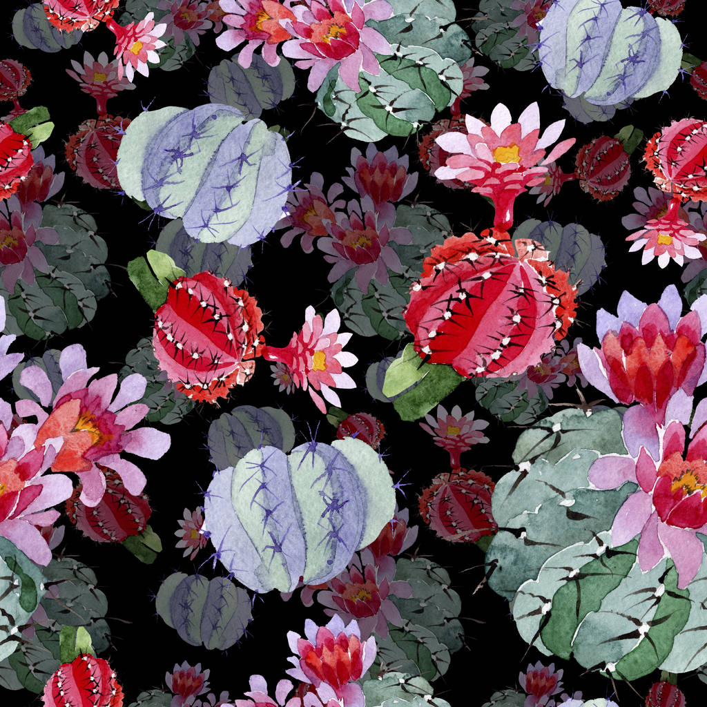 Ensemble d'illustration aquarelle cactus vert et rouge. Modèle de fond sans couture. Texture d'impression papier peint tissu
. - Photo, image