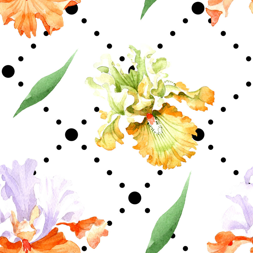 Orange white iris floral botanical flower. Wild spring leaf isolated. Watercolor illustration set. Watercolour drawing fashion aquarelle. Seamless background pattern. Fabric wallpaper print texture. - Photo, Image