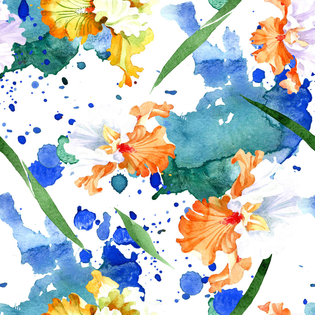 Oranžové bílého irisu květinové botanické květin. Divoký jarní listové izolované. Sada akvarel ilustrace. Akvarel výkresu módní aquarelle. Vzor bezešvé pozadí. Fabric tapety tisku textura. - Fotografie, Obrázek