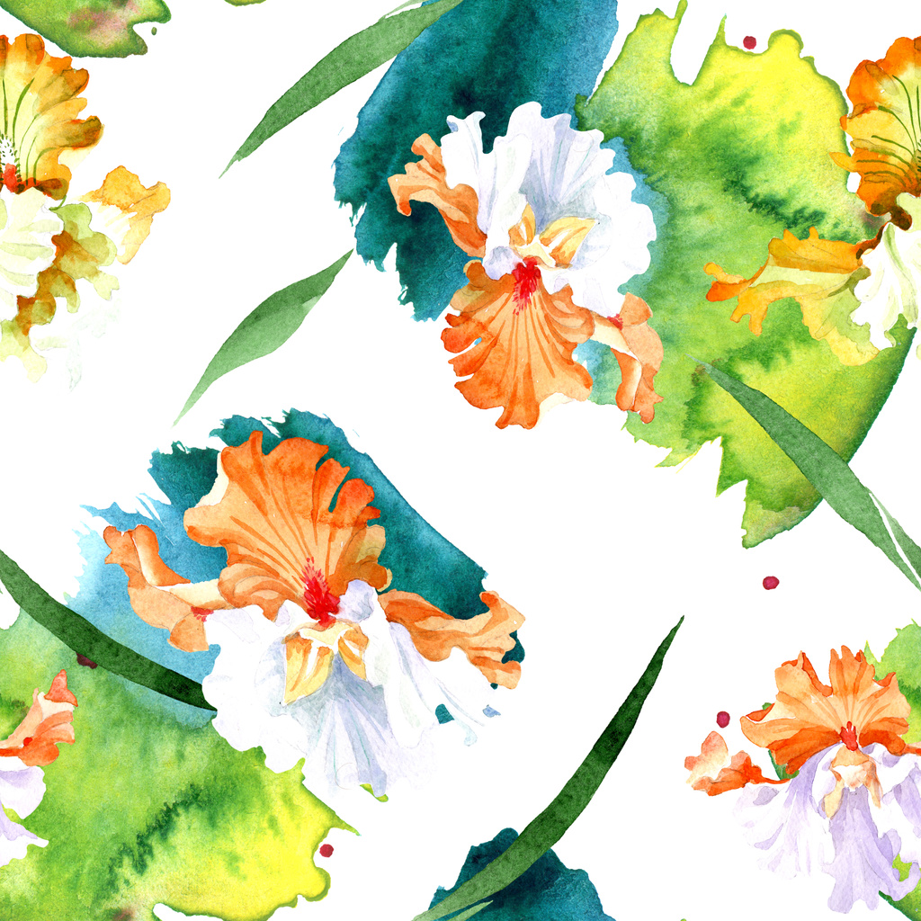 Oranžové bílého irisu květinové botanické květin. Divoký jarní listové izolované. Sada akvarel ilustrace. Akvarel výkresu módní aquarelle. Vzor bezešvé pozadí. Fabric tapety tisku textura. - Fotografie, Obrázek