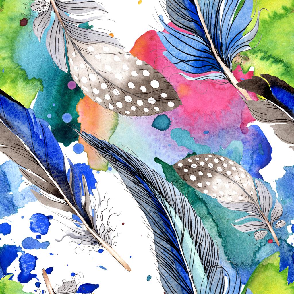 Watercolor blue and black bird feather from wing. Aquarelle feather for background, texture, wrapper pattern. Watercolour drawing fashion seamless background pattern. Fabric wallpaper print texture. - Photo, Image