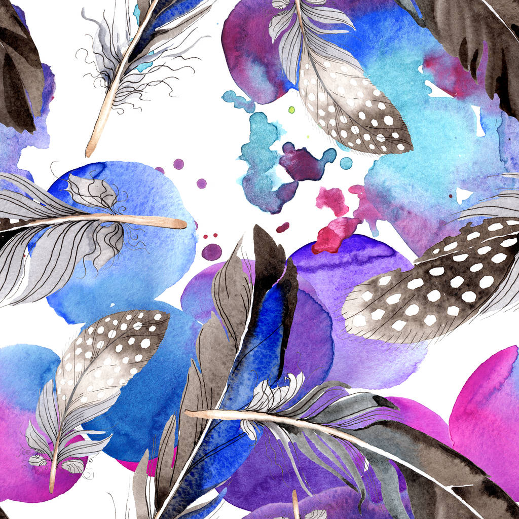 Watercolor blue and black bird feather from wing. Aquarelle feather for background, texture, wrapper pattern. Watercolour drawing fashion seamless background pattern. Fabric wallpaper print texture. - Photo, Image