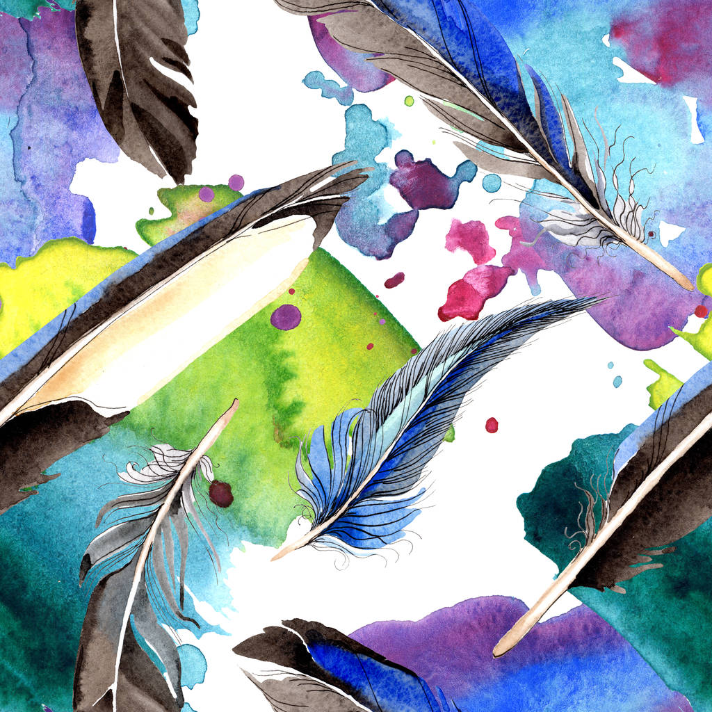 Aquarel blauwe en zwarte vogel veren van vleugel. Aquarelle veer voor achtergrond, textuur, wrapper patroon. Aquarel tekenen mode naadloze achtergrondpatroon. Structuur behang print textuur. - Foto, afbeelding