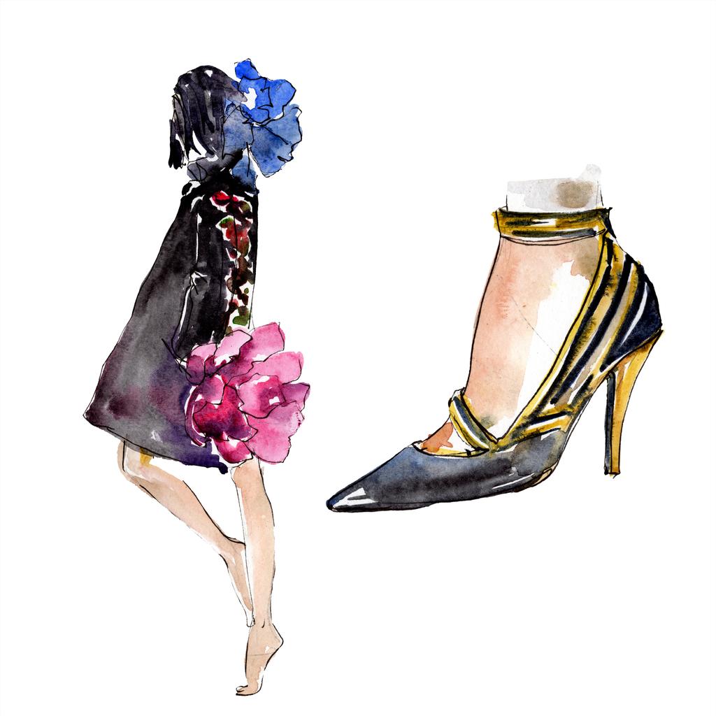 Nő és a cipő vázlat a divat-glamour illusztráció akvarell stílusú elszigetelt elemben. Ruhák tartozékok beállítása trendi divatos ruhát. Akvarell háttér illusztráció készlet. - Fotó, kép