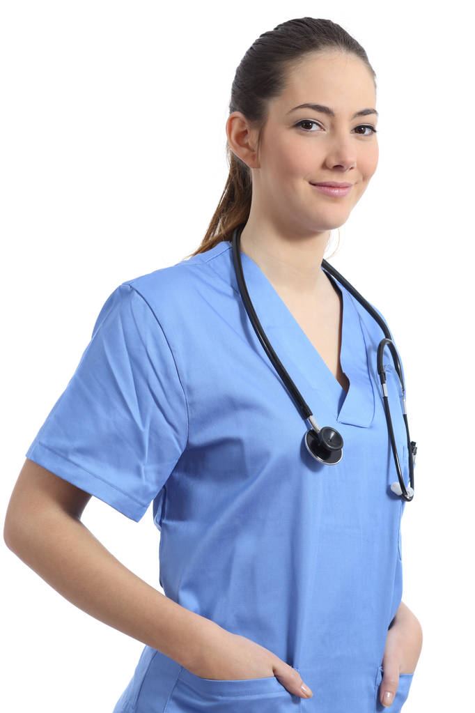 Медсестра, изолированная на белом фоне, смотрит в камеру
 - Фото, изображение