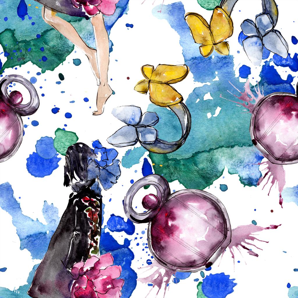 Fashionable sketch fashion glamour illustration in a watercolor style element. Clothes accessories set trendy vogue outfit. Watercolour set seamless background pattern. Fabric wallpaper print texture. - Photo, Image