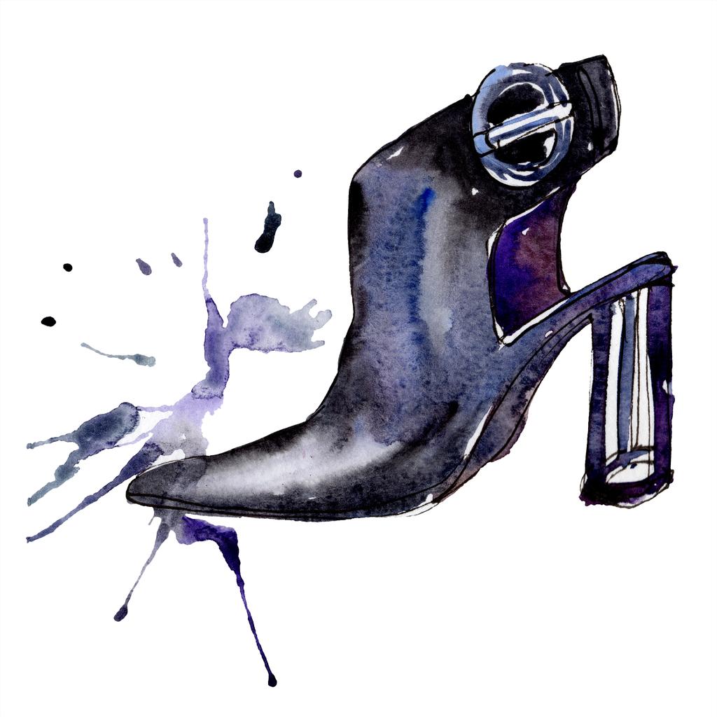 Zwarte hoge hak schoenen schetsen mode glamour illustratie in een geïsoleerde aquarel style-element. Kleding accessoires instellen trendy vogue outfit. Aquarel achtergrond afbeelding instellen. - Foto, afbeelding