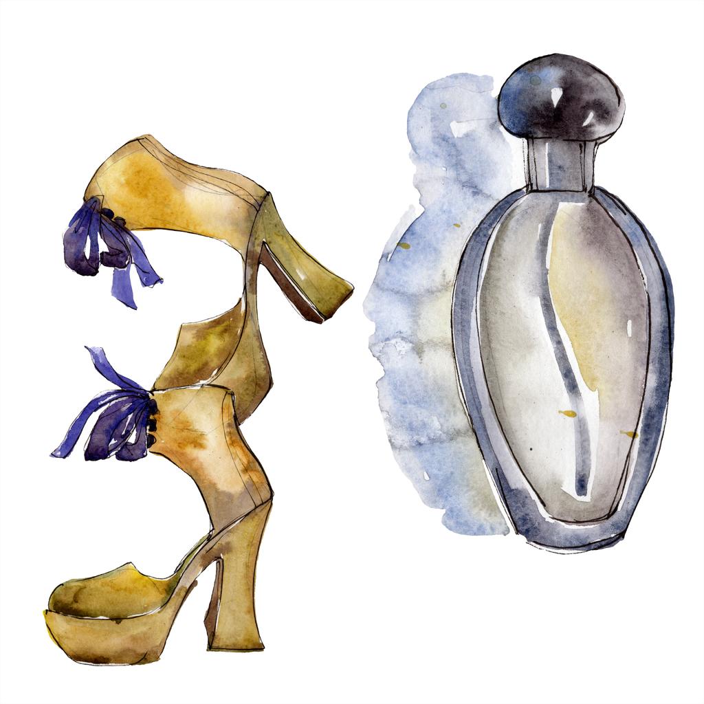 Shoes and perfume sketch fashion glamour illustration in a watercolor style isolated element. Clothes accessories set trendy vogue outfit. Watercolour background illustration set. - Photo, Image