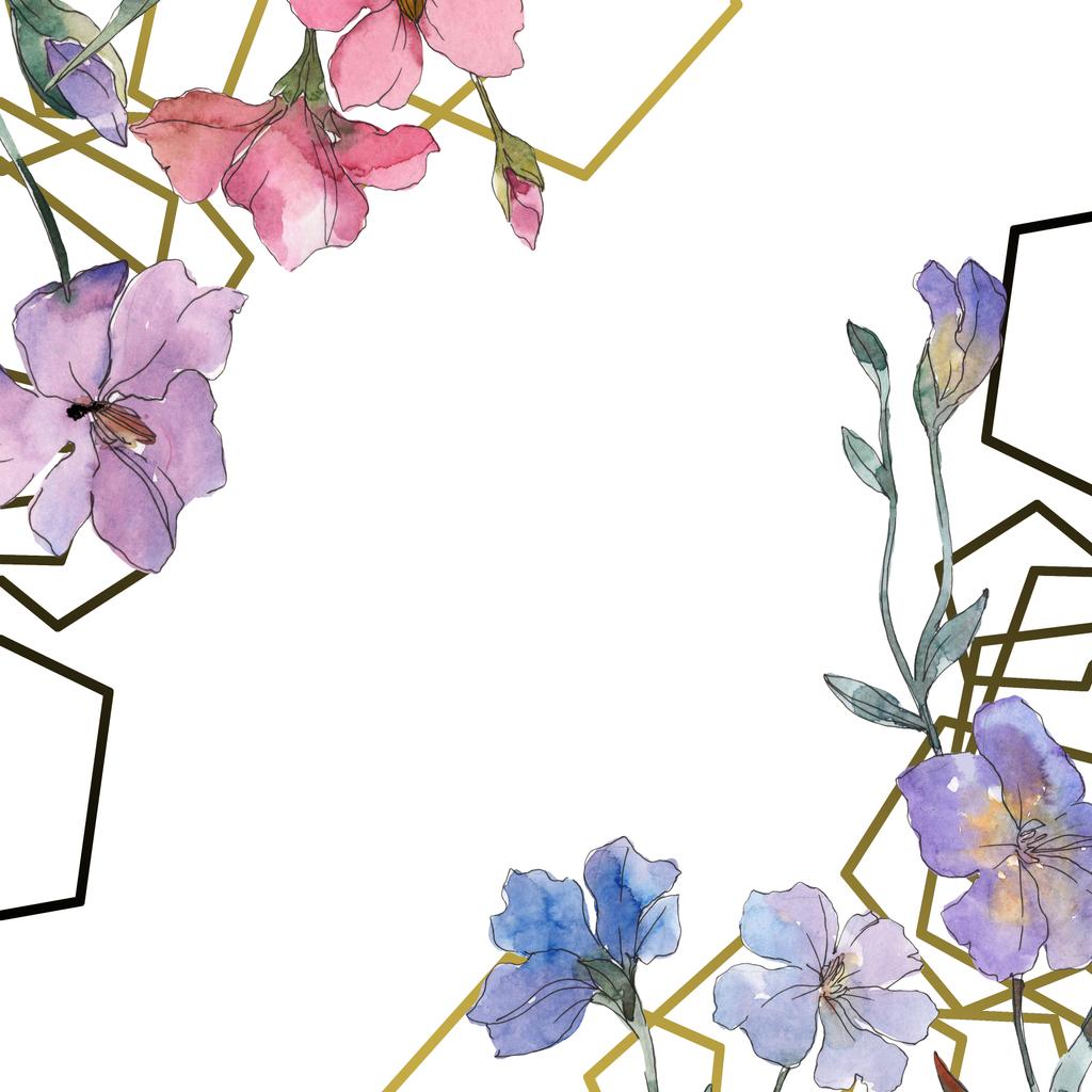 Roze en paarse vlas floral botanische bloem. Wild voorjaar blad wildflower geïsoleerd. Aquarel achtergrond afbeelding instellen. Aquarel tekenen mode aquarelle. Frame grens ornament vierkant. - Foto, afbeelding
