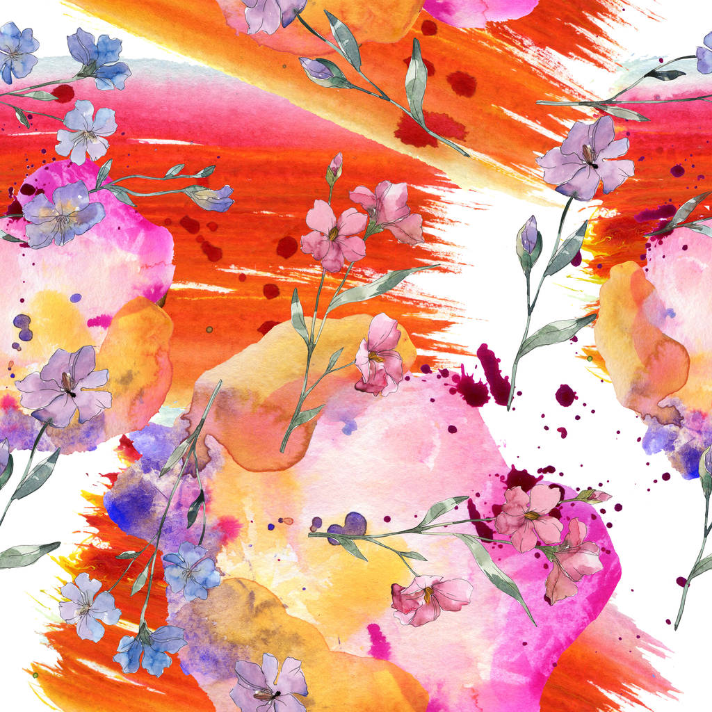 Roze en paarse vlas botanische bloem. Wild voorjaar blad geïsoleerd. Aquarel illustratie set. Aquarel tekenen mode aquarelle. Naadloze achtergrondpatroon. Structuur behang print textuur. - Foto, afbeelding