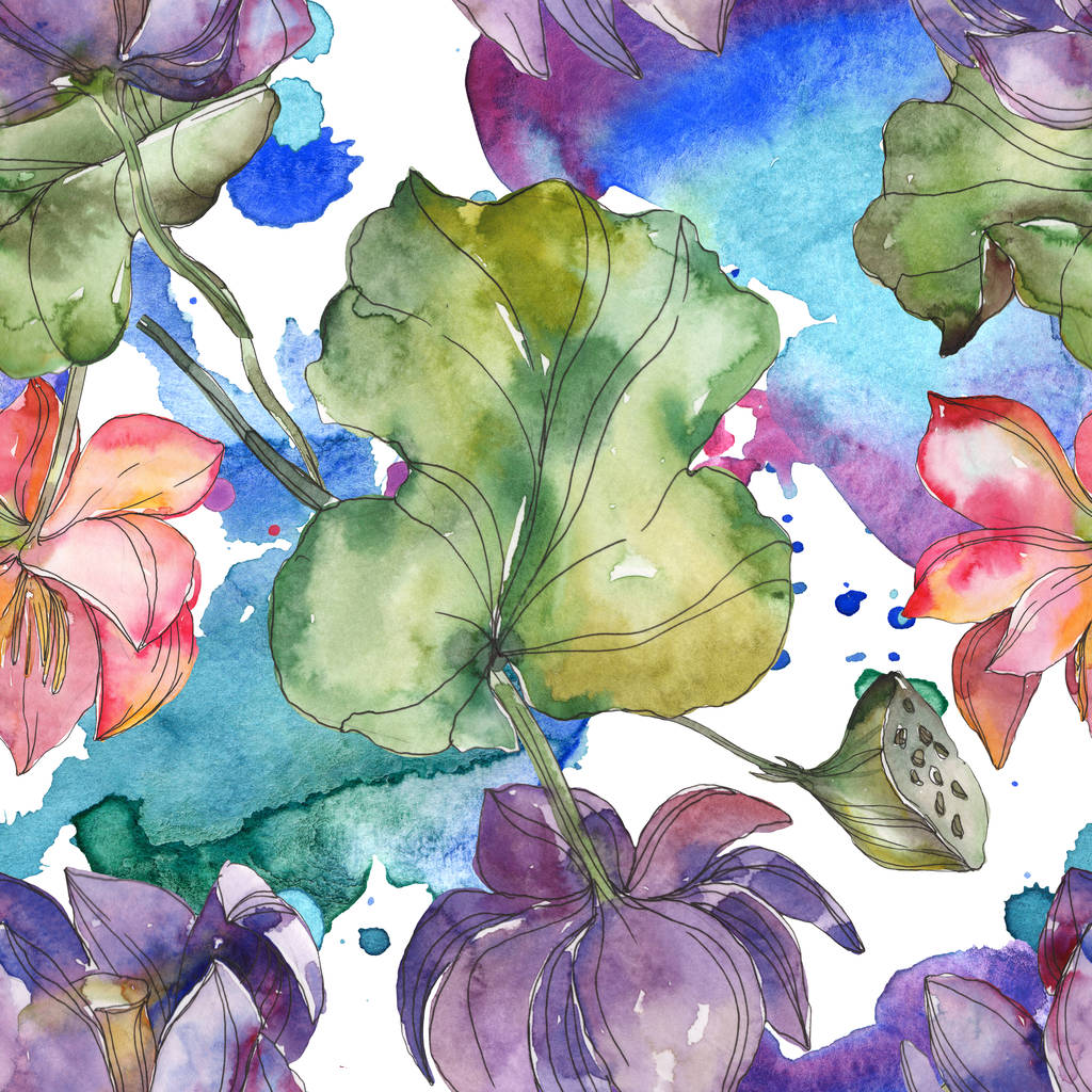 ピンクと紫の蓮の植物花。野生春葉が分離されました。水彩イラスト セット。水彩描画ファッション aquarelle。シームレスな背景パターン。壁紙印刷手触りの生地. - 写真・画像