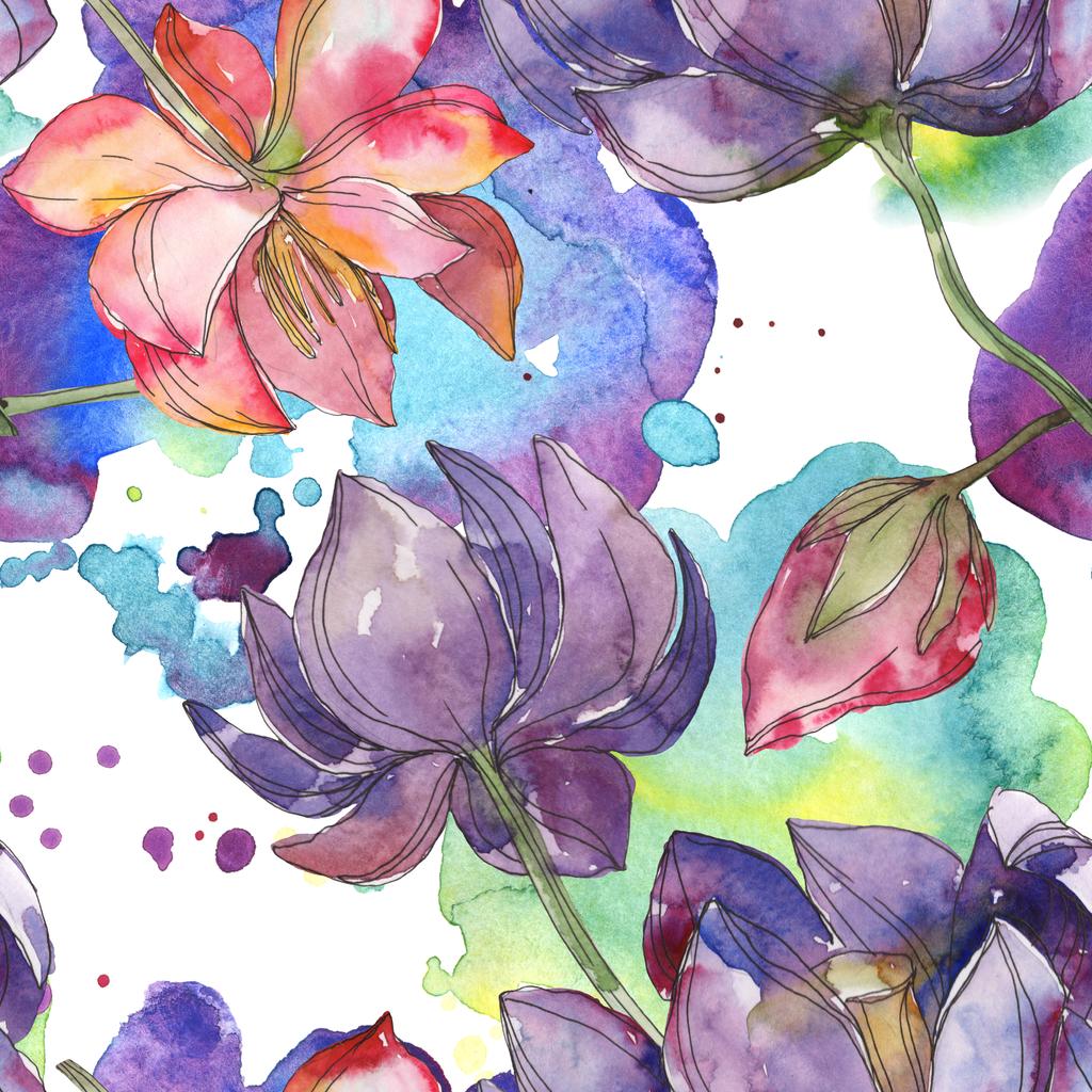Pembe ve mor lotus botanik çiçek. Vahşi bahar yaprak izole. Suluboya resim kümesi. Suluboya çizim moda aquarelle. Sorunsuz arka plan deseni. Kumaş duvar kağıdı yazdırma doku. - Fotoğraf, Görsel