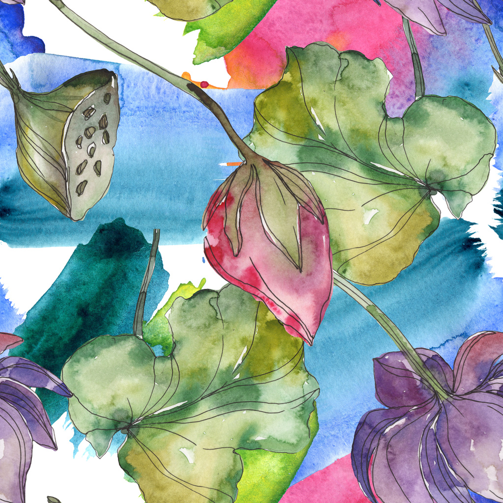 Růžové a fialové lotus botanické květin. Divoký jarní listové izolované. Sada akvarel ilustrace. Akvarel výkresu módní aquarelle. Vzor bezešvé pozadí. Fabric tapety tisku textura. - Fotografie, Obrázek