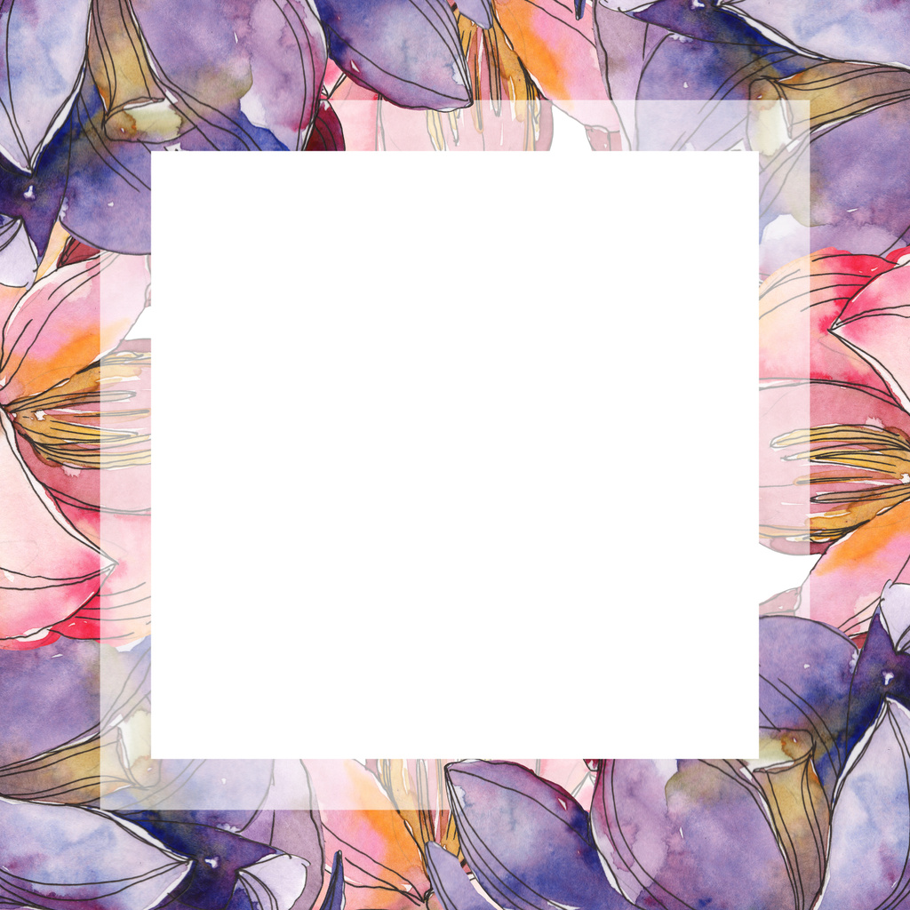 Pink and purple lotus foral botanical flower. Wild spring leaf wildflower isolated. Watercolor background illustration set. Watercolour drawing fashion aquarelle. Frame border ornament square. - Photo, Image